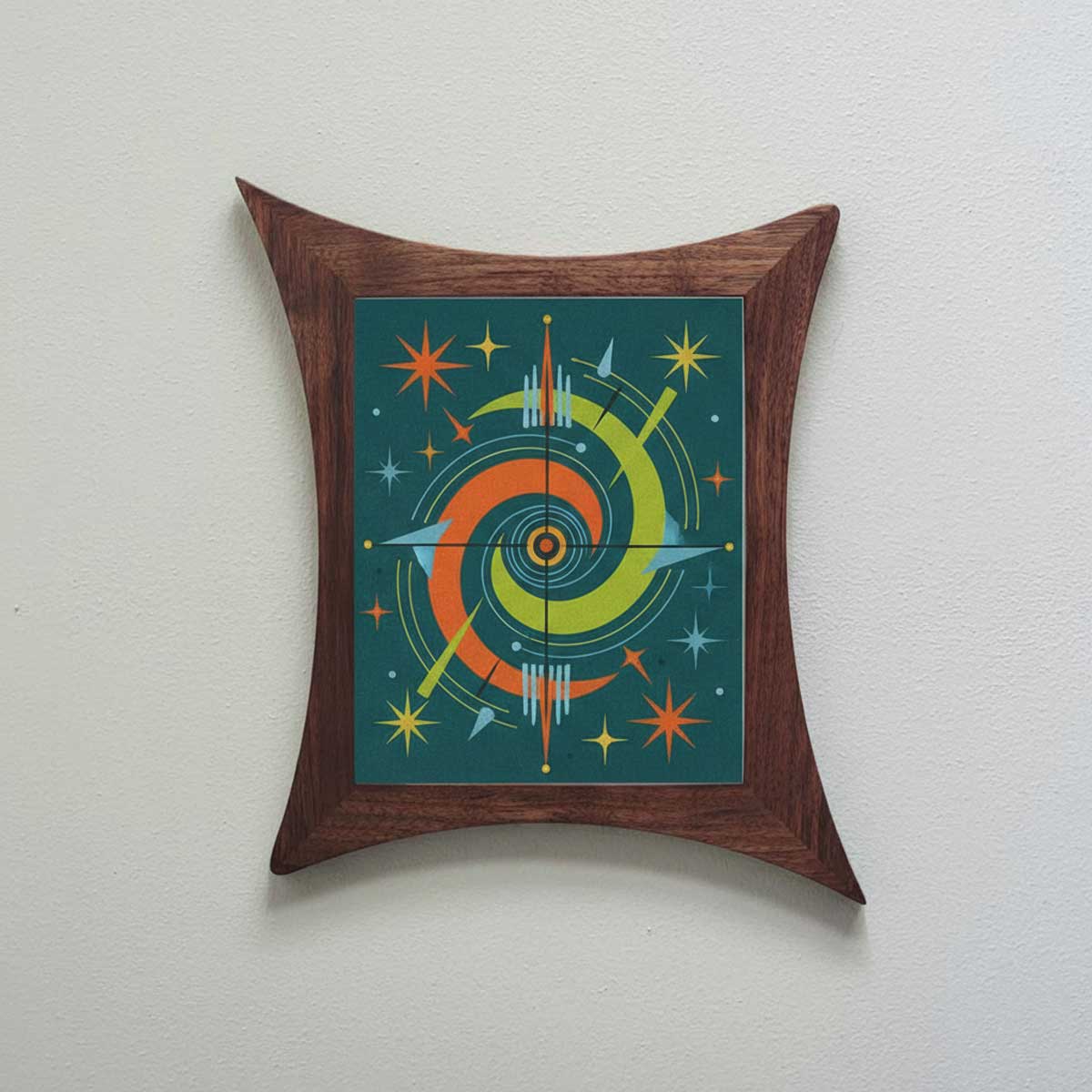 Atomic Ying Yang picture frame made with solid walnut. All sides are curved in with one sharp corner and one soft corner on opposing sides.