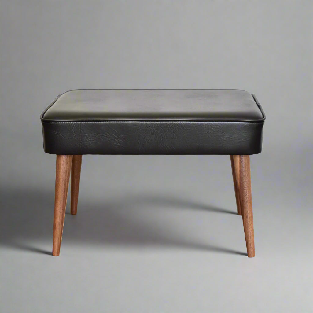 Mid century modern ottoman made with black walnut and black vinyl